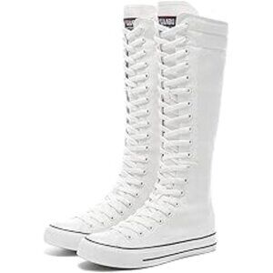 High Top Women Canvas Shoes Lace Up Knee High Boots Flats Casual-White